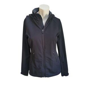 REI Co-Op Jacket Women Medium Black Full Zip Activator Soft Shell Hood Hiking
